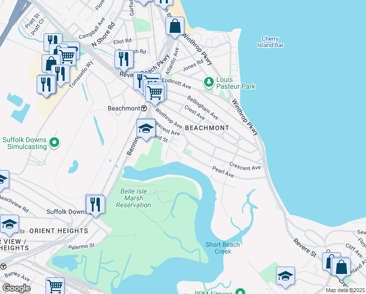 map of restaurants, bars, coffee shops, grocery stores, and more near 17 Orchard Street in Revere