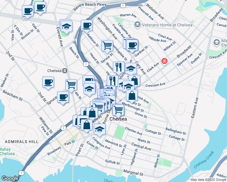 map of restaurants, bars, coffee shops, grocery stores, and more near 103 Poplar Street in Chelsea