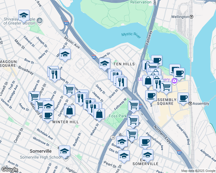 map of restaurants, bars, coffee shops, grocery stores, and more near 43 Sydney Street in Somerville