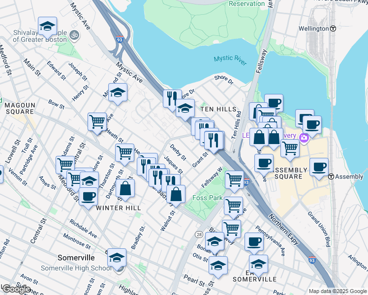 map of restaurants, bars, coffee shops, grocery stores, and more near 43 Sydney Street in Somerville