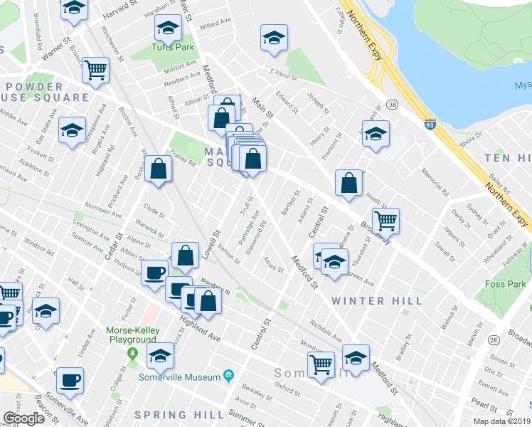 map of restaurants, bars, coffee shops, grocery stores, and more near 47 Partridge Avenue in Somerville