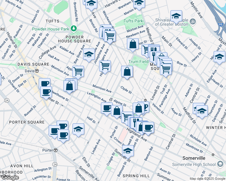 map of restaurants, bars, coffee shops, grocery stores, and more near 181 Cedar Street in Somerville
