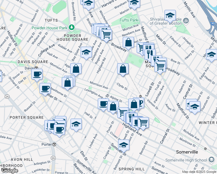 map of restaurants, bars, coffee shops, grocery stores, and more near 181 Cedar Street in Somerville