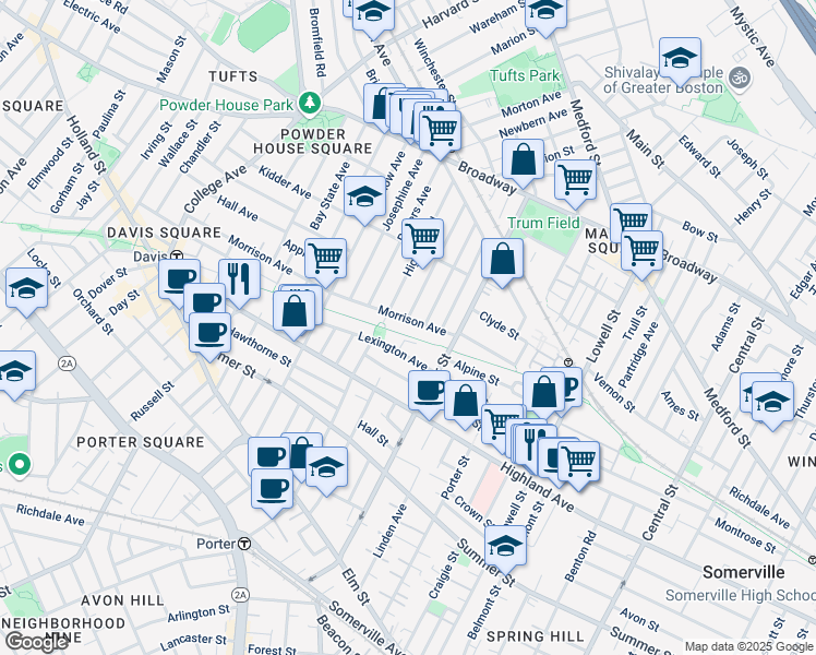 map of restaurants, bars, coffee shops, grocery stores, and more near in Somerville
