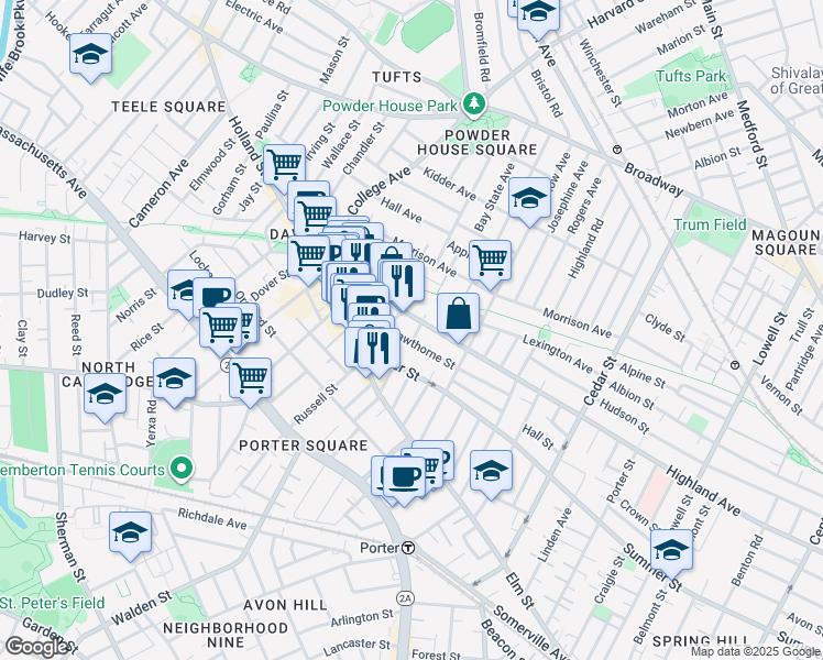 map of restaurants, bars, coffee shops, grocery stores, and more near 378 Highland Avenue in Somerville
