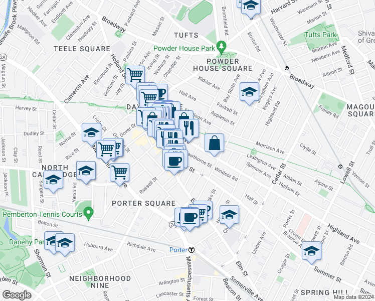 map of restaurants, bars, coffee shops, grocery stores, and more near 378 Highland Avenue in Somerville