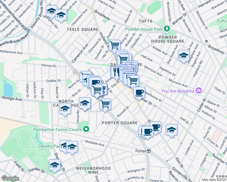 map of restaurants, bars, coffee shops, grocery stores, and more near 123 Orchard Street in Somerville