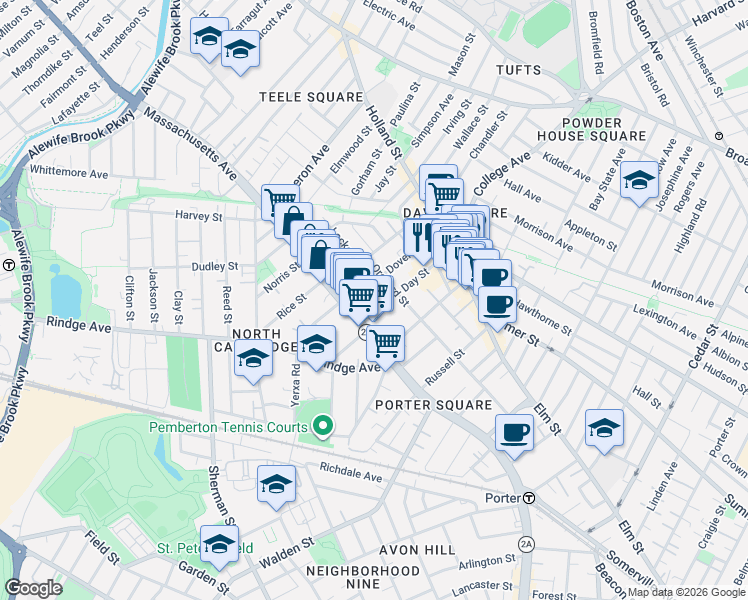 map of restaurants, bars, coffee shops, grocery stores, and more near 15 Day Street in Cambridge