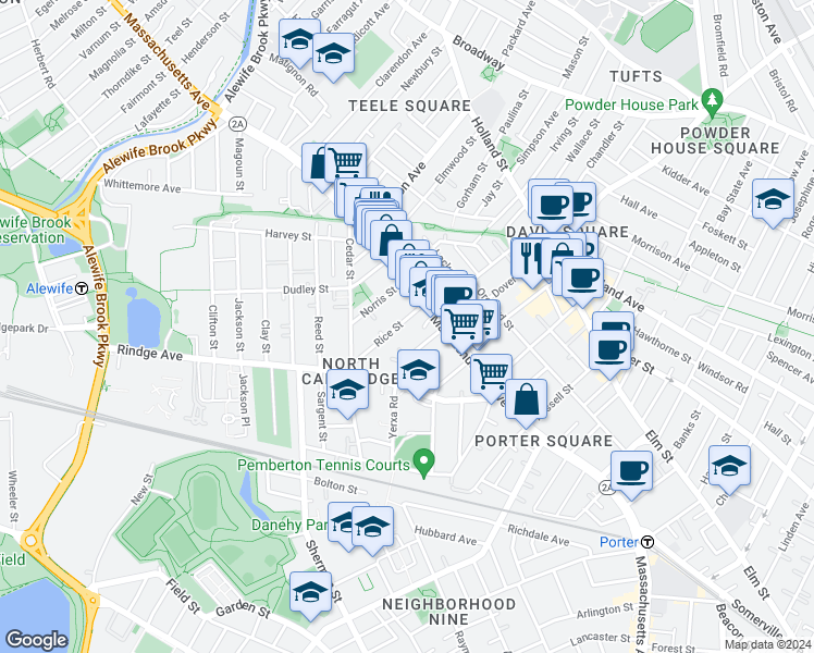 map of restaurants, bars, coffee shops, grocery stores, and more near 24 Rice Street in Cambridge