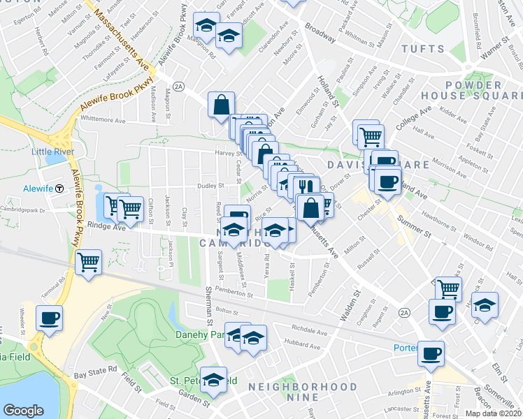 map of restaurants, bars, coffee shops, grocery stores, and more near 59 Rice Street in Cambridge