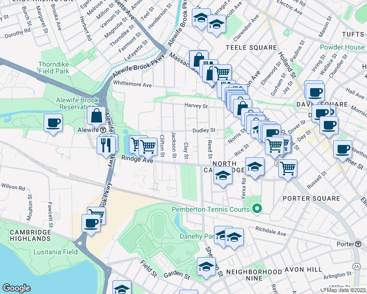 map of restaurants, bars, coffee shops, grocery stores, and more near 34 Clay Street in Cambridge
