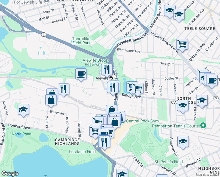 map of restaurants, bars, coffee shops, grocery stores, and more near 2 Cambridgepark Drive in Cambridge
