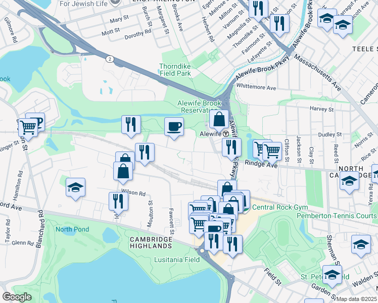 map of restaurants, bars, coffee shops, grocery stores, and more near 100 Cambridgepark Drive in Cambridge