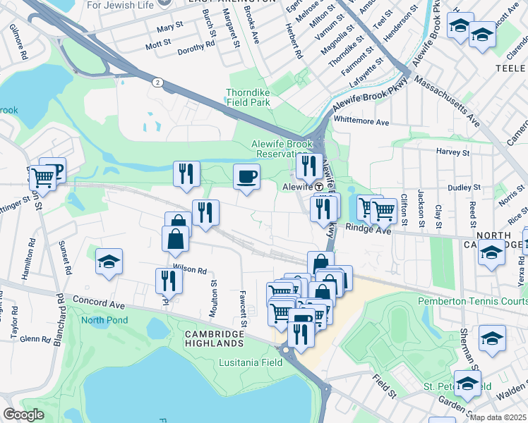 map of restaurants, bars, coffee shops, grocery stores, and more near 100 Cambridgepark Drive in Cambridge