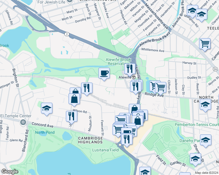 map of restaurants, bars, coffee shops, grocery stores, and more near 100 Cambridgepark Drive in Cambridge