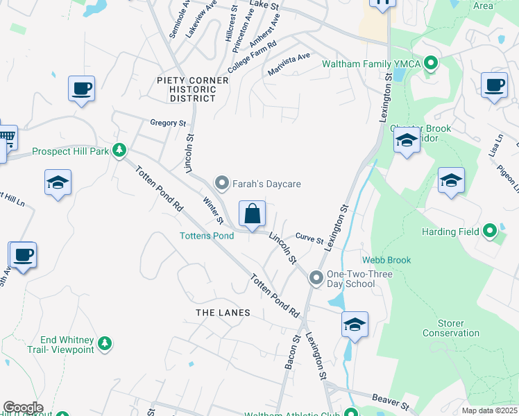 map of restaurants, bars, coffee shops, grocery stores, and more near 36 Glen Circle in Waltham