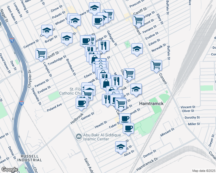 map of restaurants, bars, coffee shops, grocery stores, and more near 9401 Joseph Campau Avenue in Hamtramck