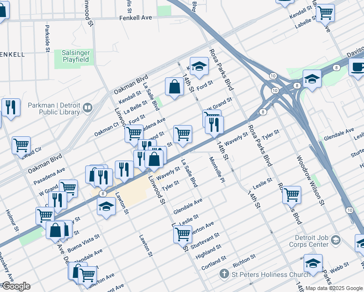 map of restaurants, bars, coffee shops, grocery stores, and more near 13527 La Salle Boulevard in Detroit