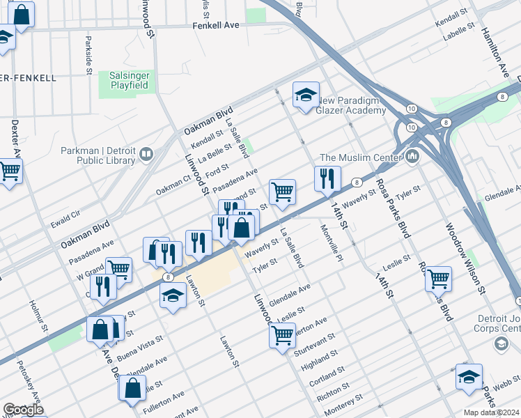 map of restaurants, bars, coffee shops, grocery stores, and more near 2476 Clements Street in Detroit