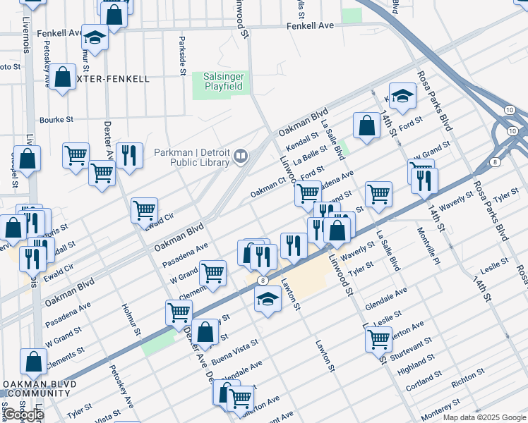 map of restaurants, bars, coffee shops, grocery stores, and more near 2711 Pasadena Street in Detroit