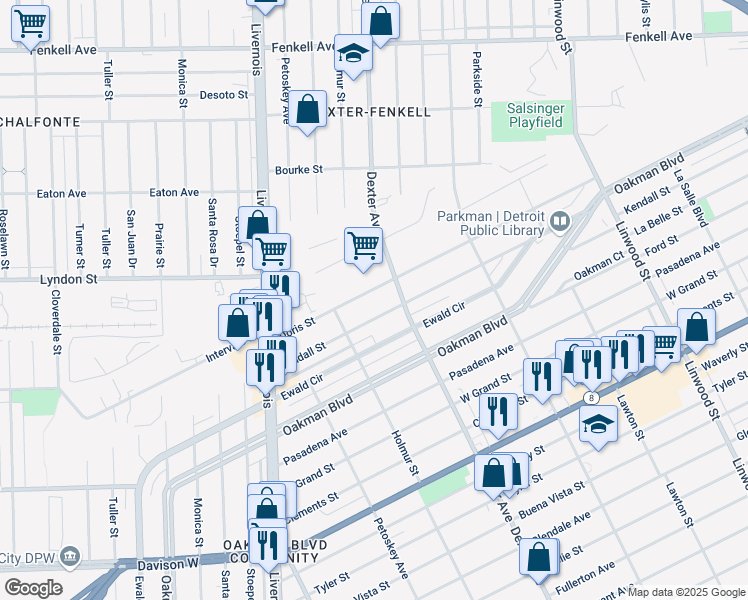 map of restaurants, bars, coffee shops, grocery stores, and more near 3797 Doris Street in Detroit