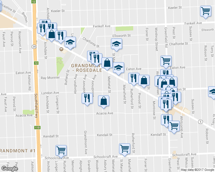 map of restaurants, bars, coffee shops, grocery stores, and more near 14526 Asbury Park in Detroit