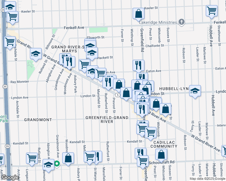 map of restaurants, bars, coffee shops, grocery stores, and more near 15951 Michigan 5 in Detroit