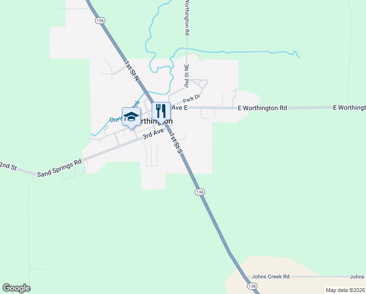 map of restaurants, bars, coffee shops, grocery stores, and more near 400-404 1st Street South in Worthington