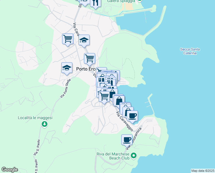 map of restaurants, bars, coffee shops, grocery stores, and more near 19 Via Italia in Porto Ercole