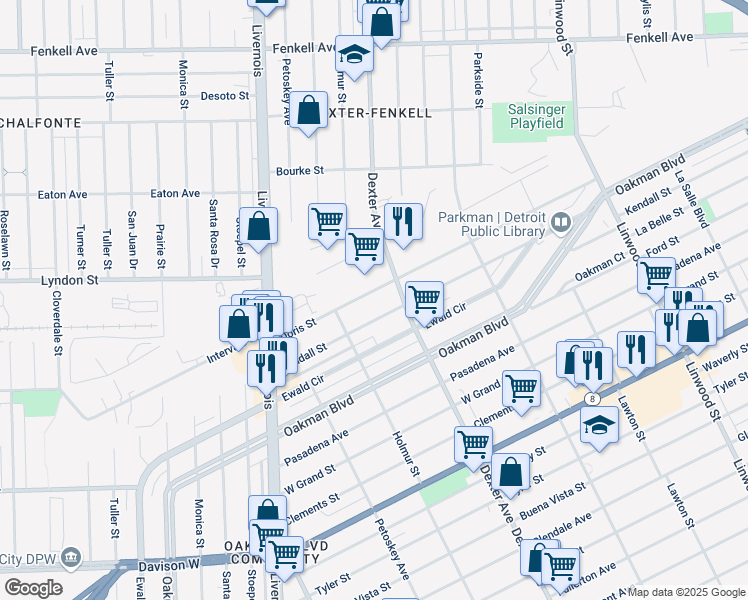 map of restaurants, bars, coffee shops, grocery stores, and more near 3797 Doris Street in Detroit