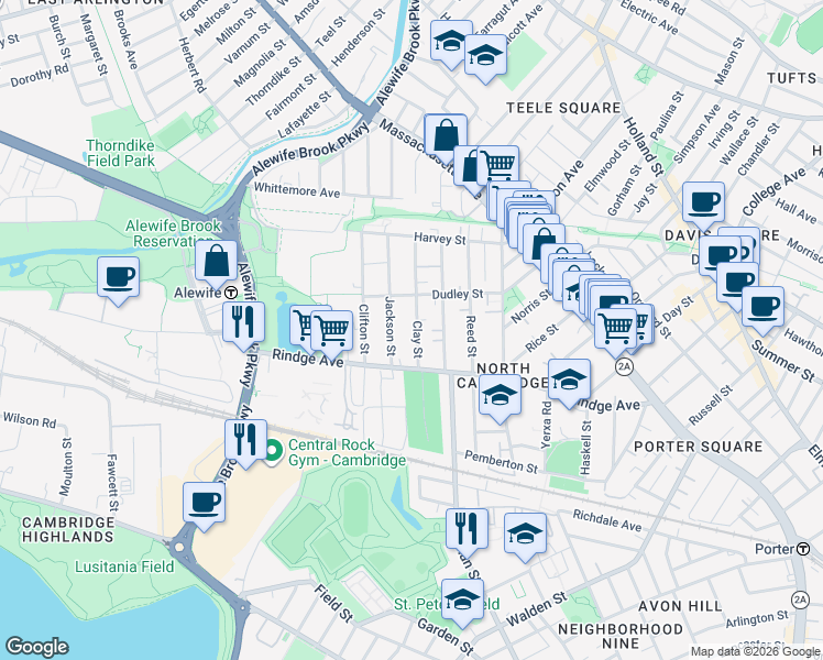 map of restaurants, bars, coffee shops, grocery stores, and more near 34 Clay Street in Cambridge