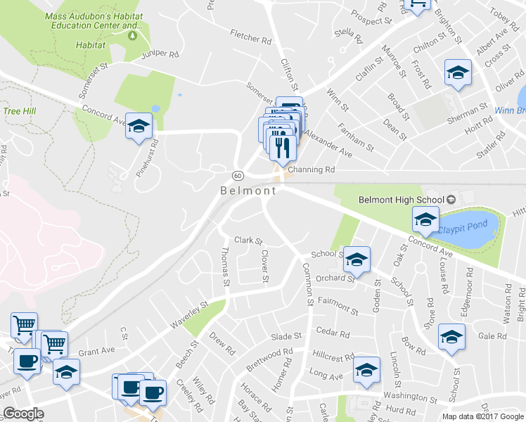 map of restaurants, bars, coffee shops, grocery stores, and more near 4 Dunbarton Road in Belmont