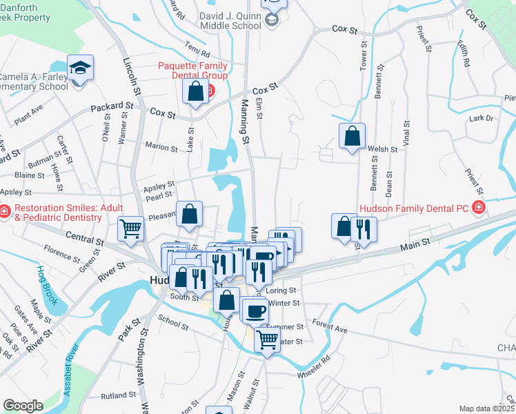 map of restaurants, bars, coffee shops, grocery stores, and more near 42 High Street in Hudson
