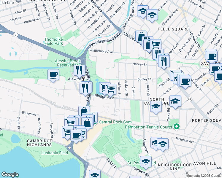 map of restaurants, bars, coffee shops, grocery stores, and more near 359 Rindge Avenue in Cambridge