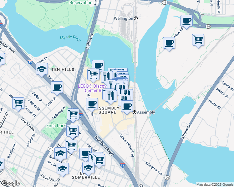 map of restaurants, bars, coffee shops, grocery stores, and more near 598 Assembly Row in Somerville