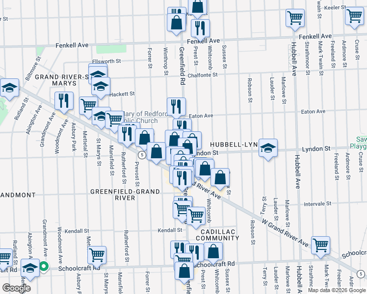 map of restaurants, bars, coffee shops, grocery stores, and more near 14527 Greenfield Rd in Detroit