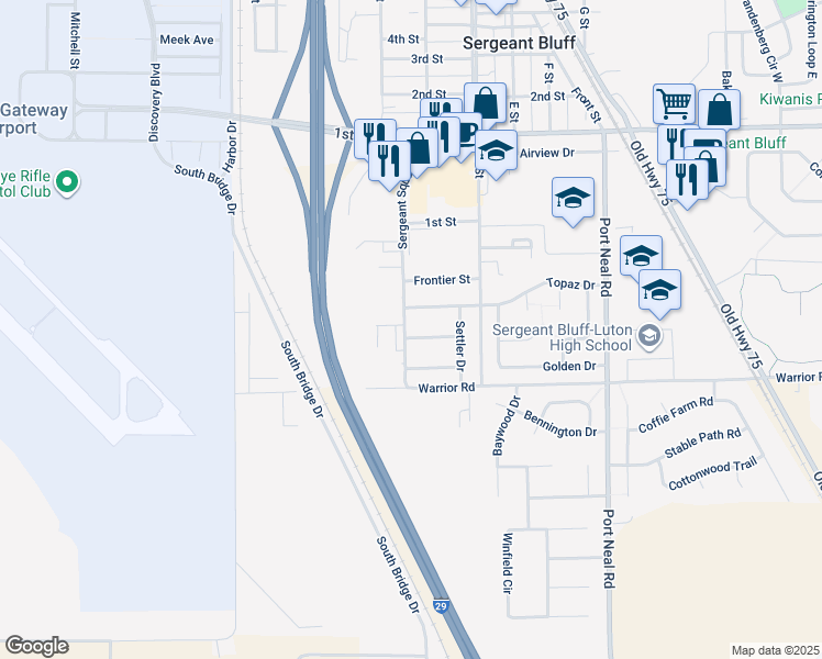 map of restaurants, bars, coffee shops, grocery stores, and more near 201 Prairie Lane in Sergeant Bluff