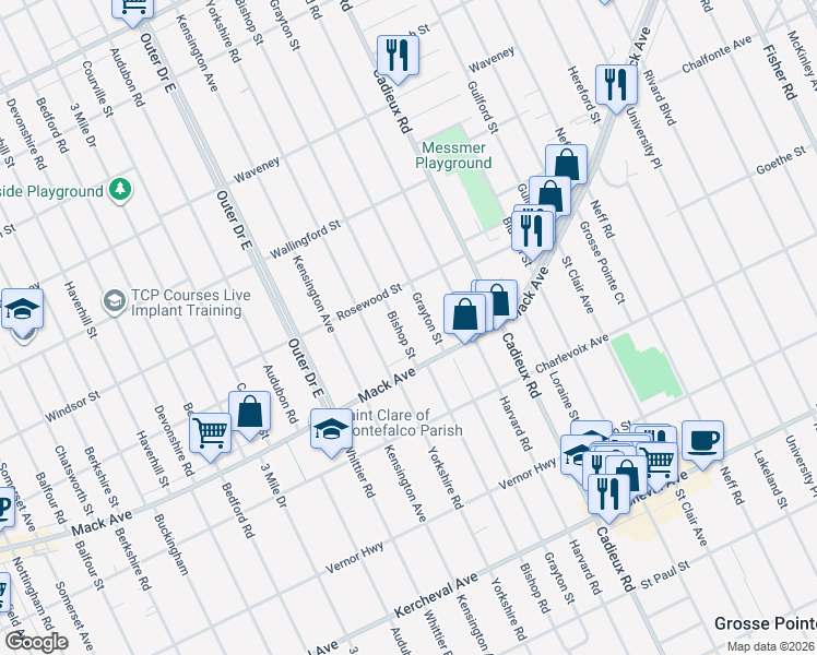 map of restaurants, bars, coffee shops, grocery stores, and more near 3454 Bishop Street in Detroit
