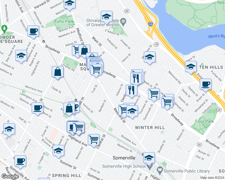 map of restaurants, bars, coffee shops, grocery stores, and more near 91 Bartlett Street in Somerville