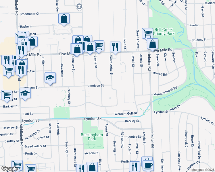 map of restaurants, bars, coffee shops, grocery stores, and more near 28007 Jamison Street in Livonia