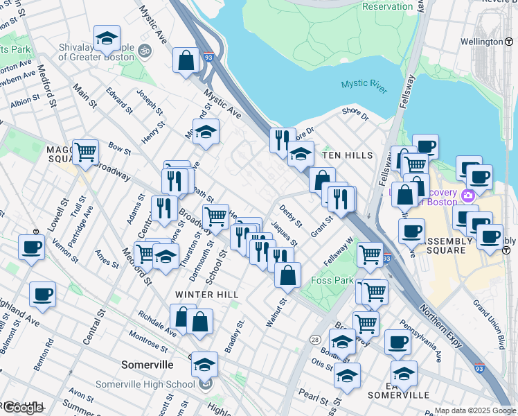 map of restaurants, bars, coffee shops, grocery stores, and more near 69 Jaques Street in Somerville