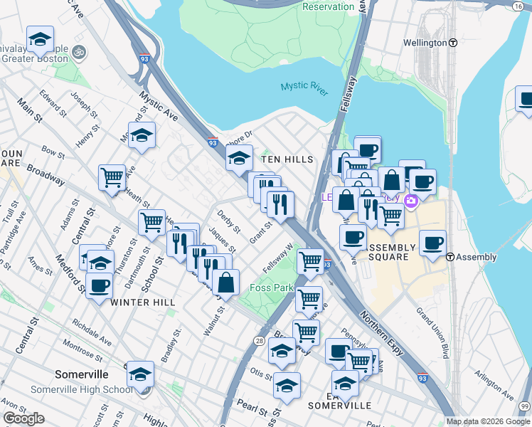 map of restaurants, bars, coffee shops, grocery stores, and more near 400 Mystic Avenue in Somerville