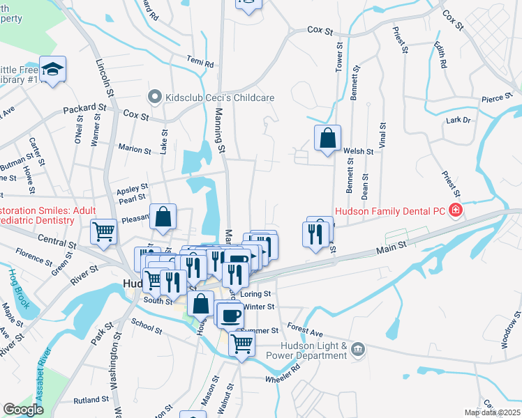 map of restaurants, bars, coffee shops, grocery stores, and more near 19 Munson Street in Hudson