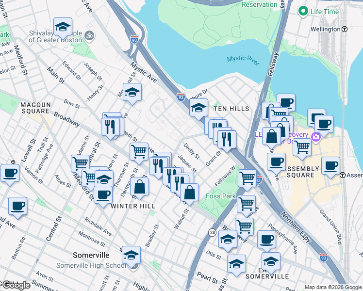 map of restaurants, bars, coffee shops, grocery stores, and more near 67 Temple Street in Somerville