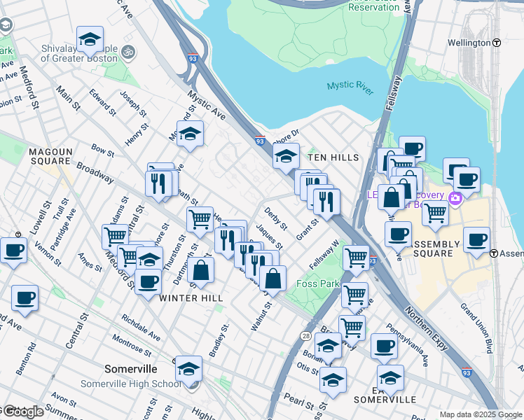map of restaurants, bars, coffee shops, grocery stores, and more near 64 Derby Street in Somerville