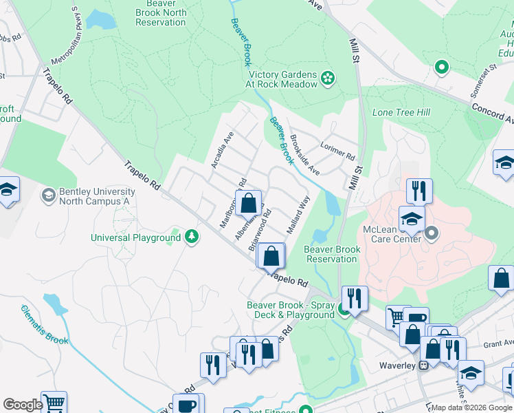 map of restaurants, bars, coffee shops, grocery stores, and more near 69 Briarwood Road in Waltham