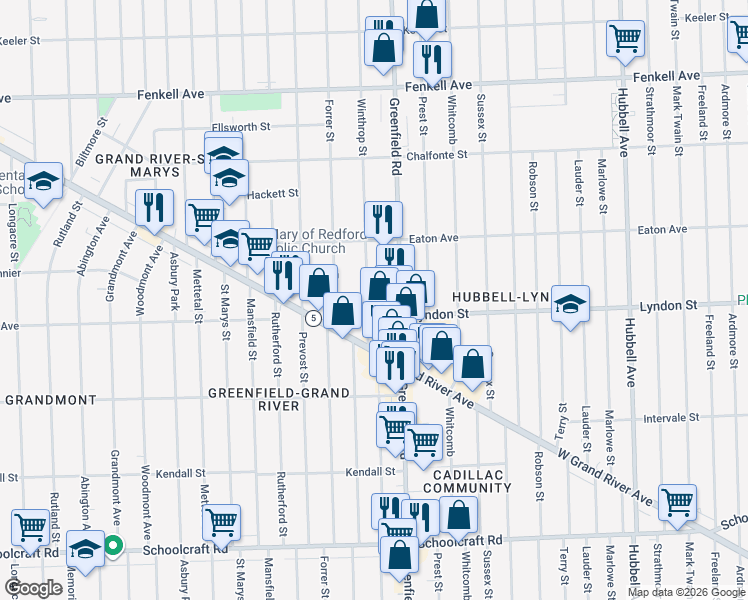 map of restaurants, bars, coffee shops, grocery stores, and more near 14527 Greenfield Road in Detroit