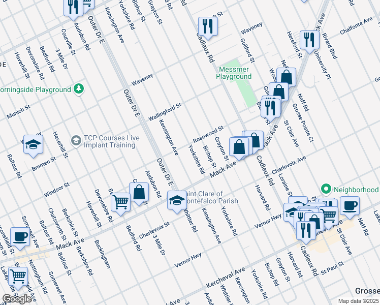 map of restaurants, bars, coffee shops, grocery stores, and more near 3494 Yorkshire Road in Detroit