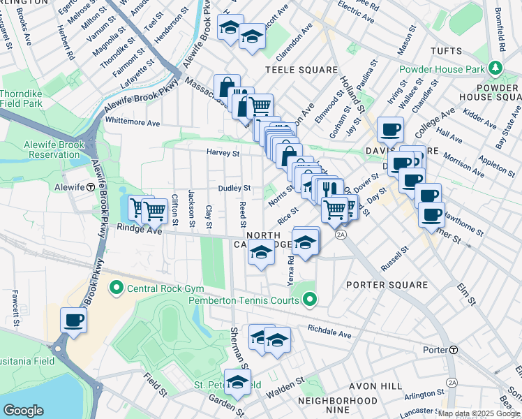 map of restaurants, bars, coffee shops, grocery stores, and more near 49 Cedar Street in Cambridge