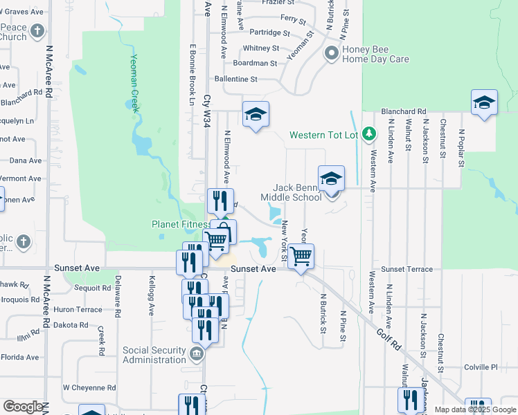 map of restaurants, bars, coffee shops, grocery stores, and more near 1710 Golf Road in Waukegan